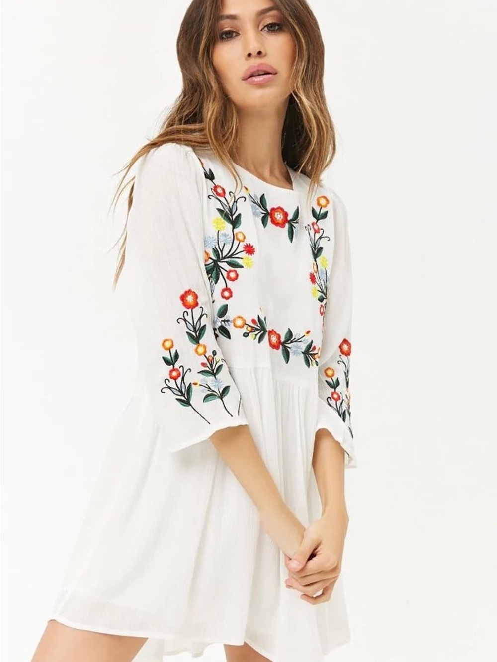 Forever 21 White Tunic with Multicolor Floral Embroidery
